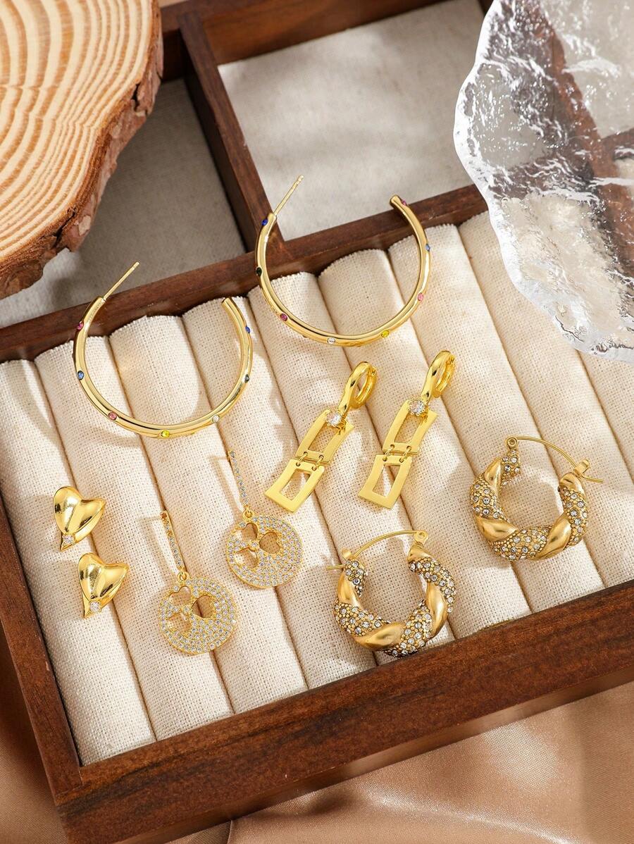 1 paire de boucles d'oreilles créoles en acier inoxydable plaquées or 18 carats avec cubic zirconia cubiques en forme de U pour femmes. Style français à la mode Ins, convient pour la fête, le rendez-vous, le bureau, cadeau de la fête des mères