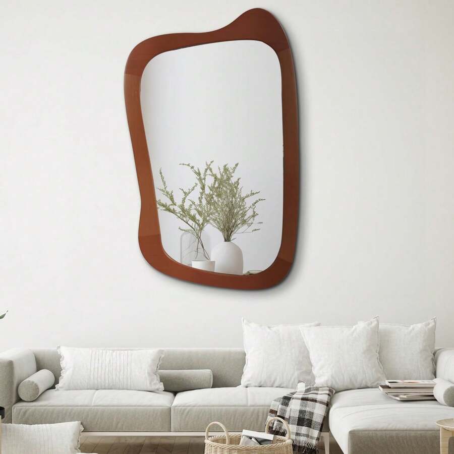 Asymmetrical Mirror,Art Deco Abstract Mirror,Accent Mirrors For Wall Decor,Rustic Wood Wall Mirror For Bathroom,Irregular Design Decorative Wood Framed Mirror ,36"X 24"