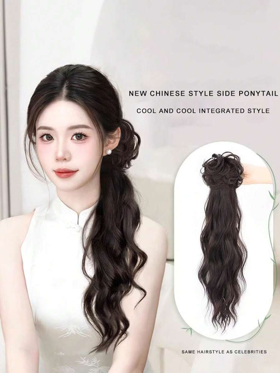 New Chinese Hairstyle Women Ponytail Hair Clip Ancient Hanfu Style Side Hairstyle Traditional Cheongsam Hairdo Slightly Curled High Ponytail