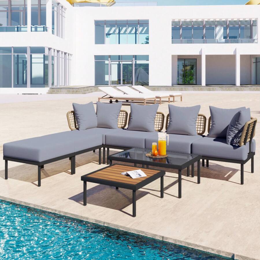 8-Piece L-Shaped Wood Furniture Set, Outdoor Conversation Sets With Tempered Glass Coffee Table And Coffee Table, Water-Resistant(Beige)