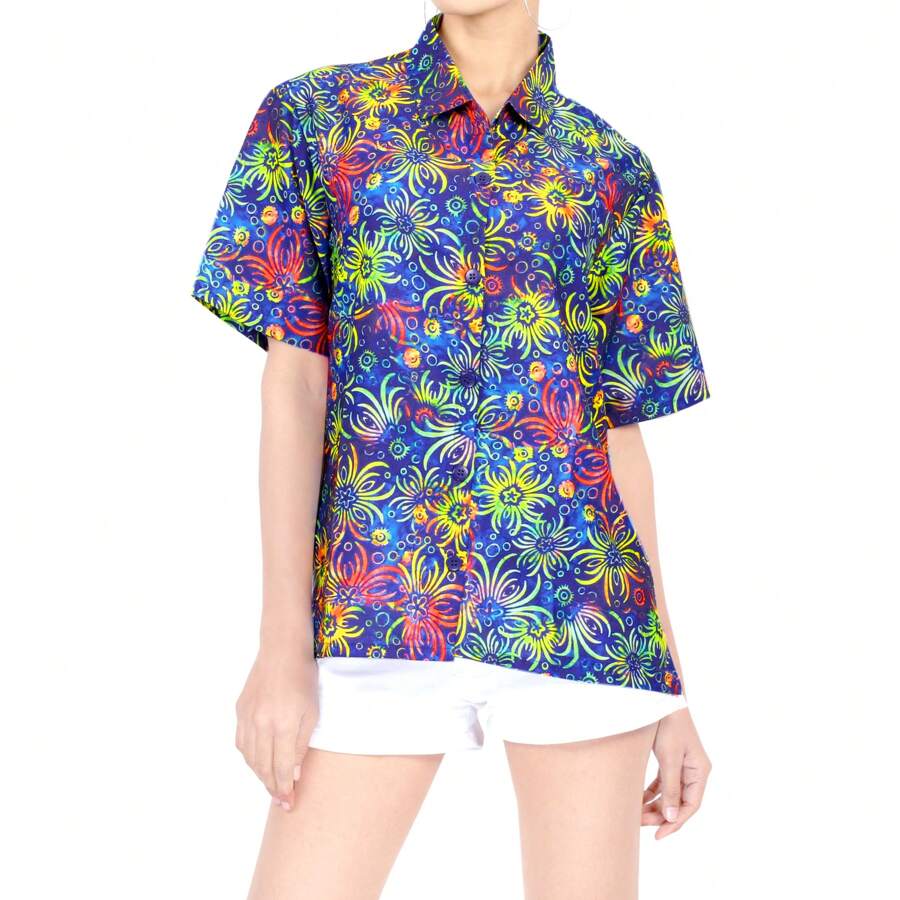 LA LEELA Women's Vacay Button Down Blouses Summer Vacy Beach Dress Aloha Party Blouse Shirt Short Sleeve Collared Vacation Button Up Casual Hawaiian Shirts Tank Top Women