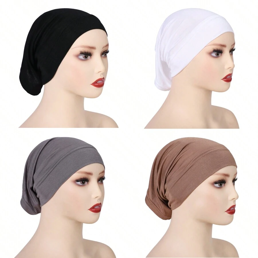 4 pièces/set Bonnet de voile de couleur unie respirant et élastique, turban, bonnet de cheveux, tour de tête pour abaya, vêtements voilés pour un usage quotidien