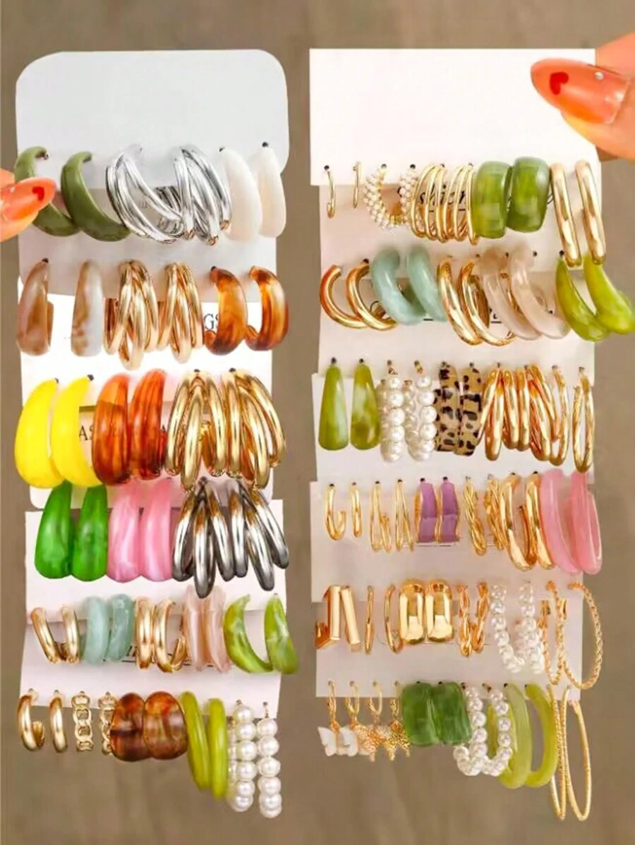 Conjunto de aretes de 12 a 20 piezas de mariposa de resina colorido y minimalista con forma de corazón y múltiples elementos metálicos perla falsa para mujeres, ideal para festivales, fiestas y citas, ideal para uso diario (colores de resina al azar)