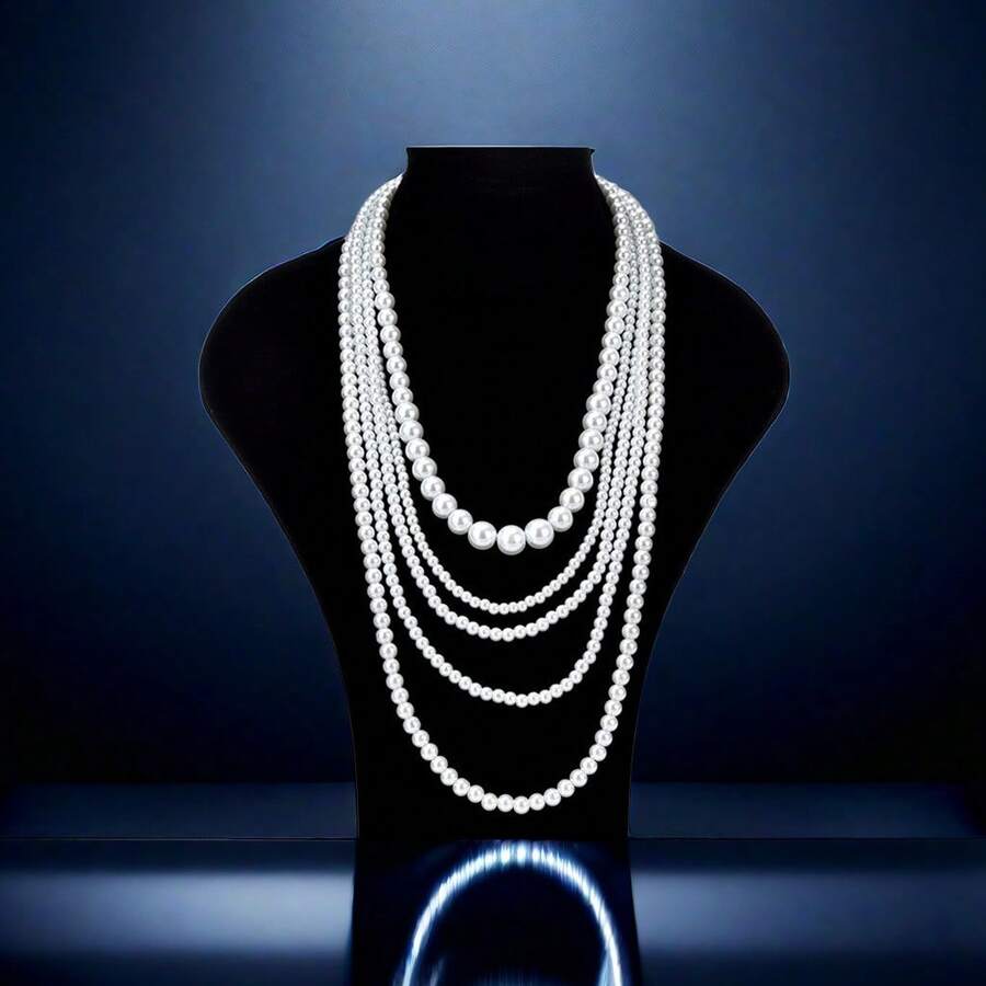 Stylish Multi-Layered Faux Pearl Necklace - Silver Plated Women's Jewelry