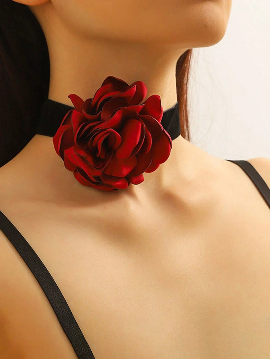 1pc Vintage 3D Exaggerated Floral Choker Necklace, Oversized Rose Collar Necklace