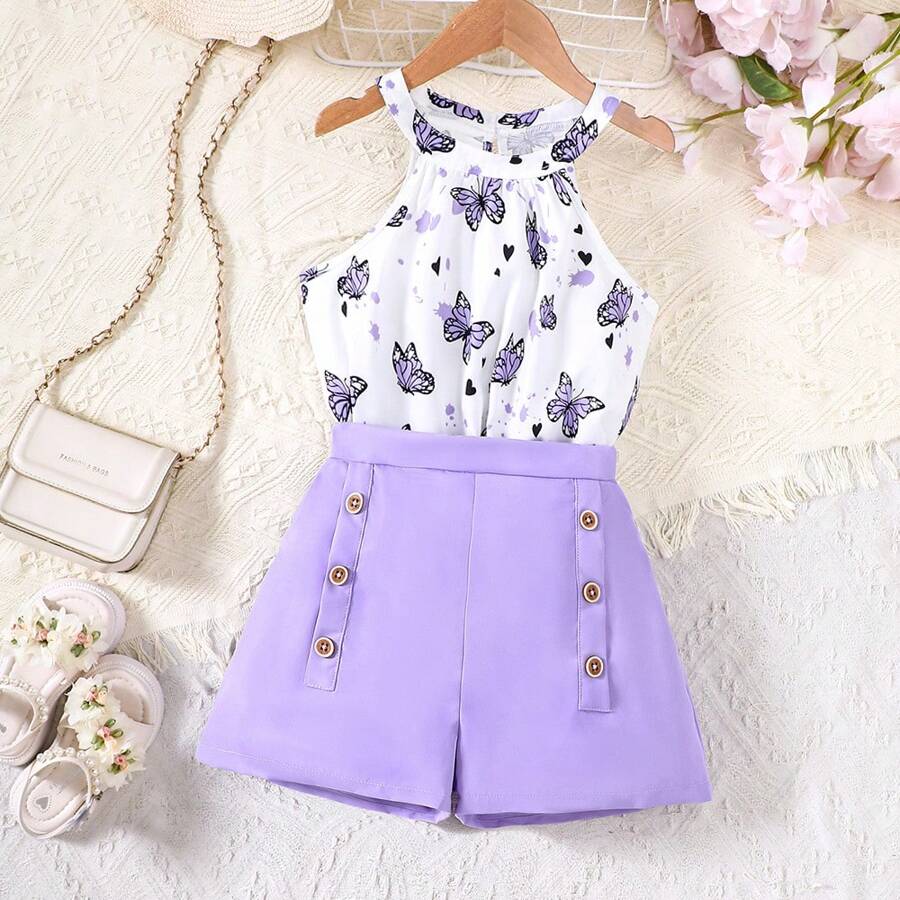 Conjunto de Top Floral sem Manga Halterneck e Shorts com Botões Duplos na Moda para Meninas Pré-adolescentes com Estilo de Férias
