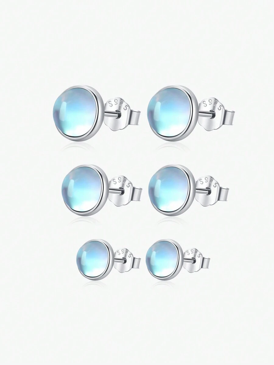 MODIAN 925 Sterling Silver Round Exquisite Moonstone 4 5 6 MM Stud Earrings Platinum Plated Charm Ear Studs For Women Jewelry