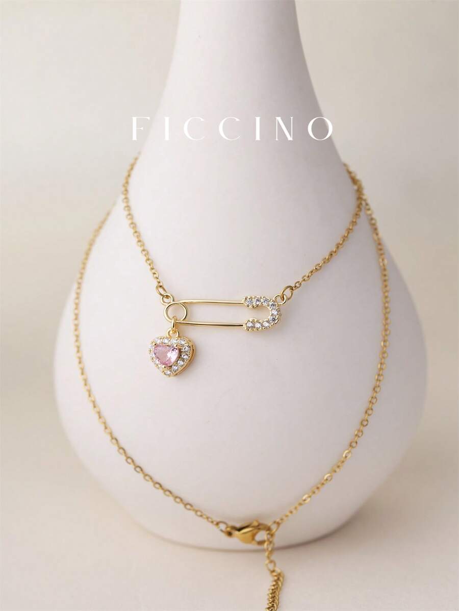 FICCINO Broche en forme de cœur plaquée or avec pendentif en détail de cubic zirconia cubique rose de FICCINO, collier chaîne clavicule quotidien pour femme, cadeau d'anniversaire pour couples et amis, fête des mères (livré avec boîte cadeau) Saint-Valentin, maman, mère, fête des mères