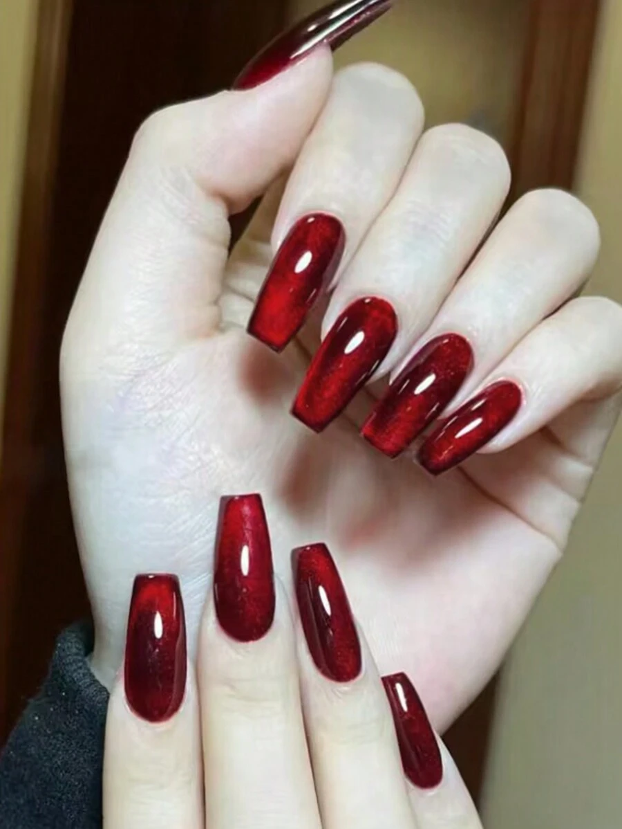 24pcs/Set Y2K Aesthetic Blood-Red Crystal Cat Eye Press On Nails, Long Coffin Red Cat Eye Acrylic False Nails ,Contain 1pc Jelly Glue And 1pc Nail File, Suitable For Woman & Girl Daily Wear Rave Party Use Nail Supplies