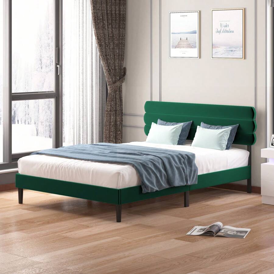Mjkone King/Queen/Full Size Bed Frame| Fabric Padded Bedroom Furniture| Upholstered Bed Frame With Velvet Tufted Headboard Green/Dark Grey/Light Grey