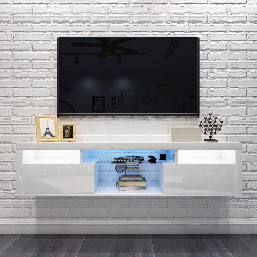 JOYSOURCE LED Floating TV Stand High Glossy For 55 Inch TV Modern Wood Entertainment Center Wall Mounted TV Stand Floating TV Shelf Media TV Console For Living Room Bedroom, Two Way To Use
