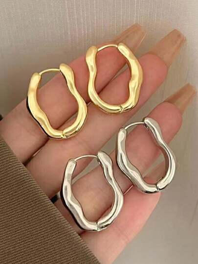 2pcs Minimalist Polished Metallic Hoop Earrings, Asymmetrical Geometric Design Golden Cold Style Goddess Earrings For Women