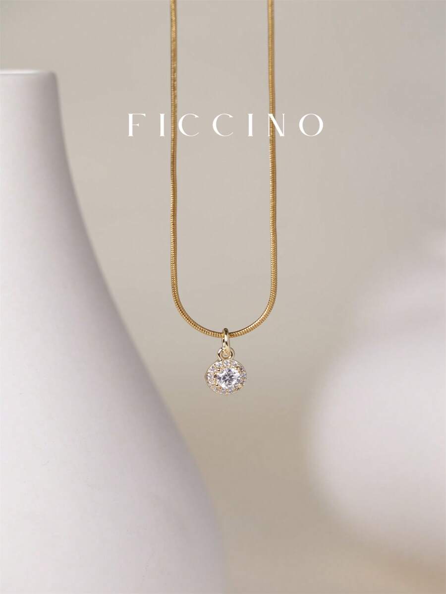 FICCINO FICCINO Classic Retro Minimalist Gold-Plated Cubic Zirconia Circle Pendant Necklace, Titanium Steel Gold Plated Snake Chain Necklace, Versatile Collar Necklace, Couple/Valentine's Day/Holiday Gift Set With Box