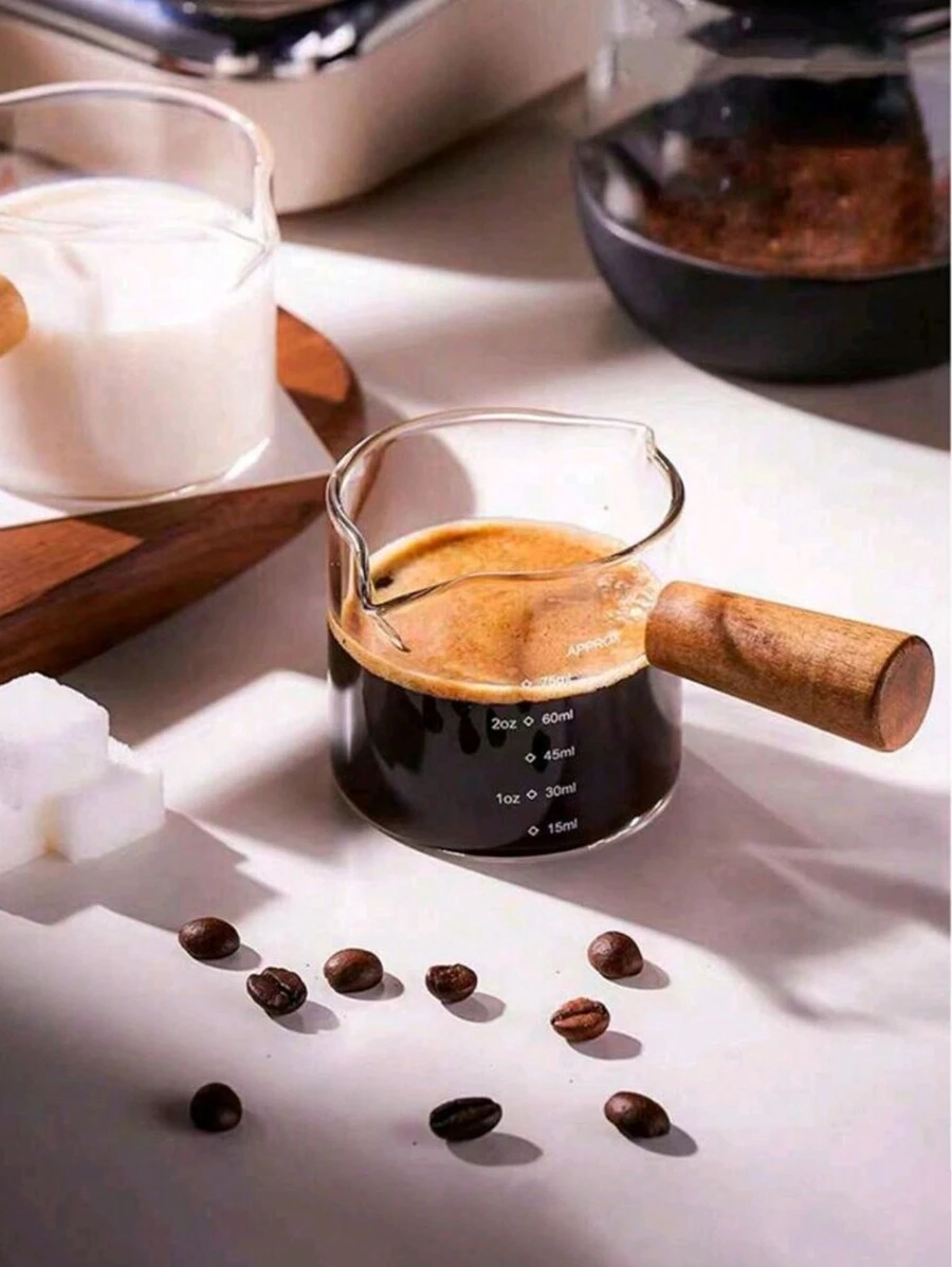 1pc Glass Coffee Measuring Cup With Scale Marks, Italian Kawada Espresso Extraction Cup With Wooden Handle, Dual Spouts Back To School