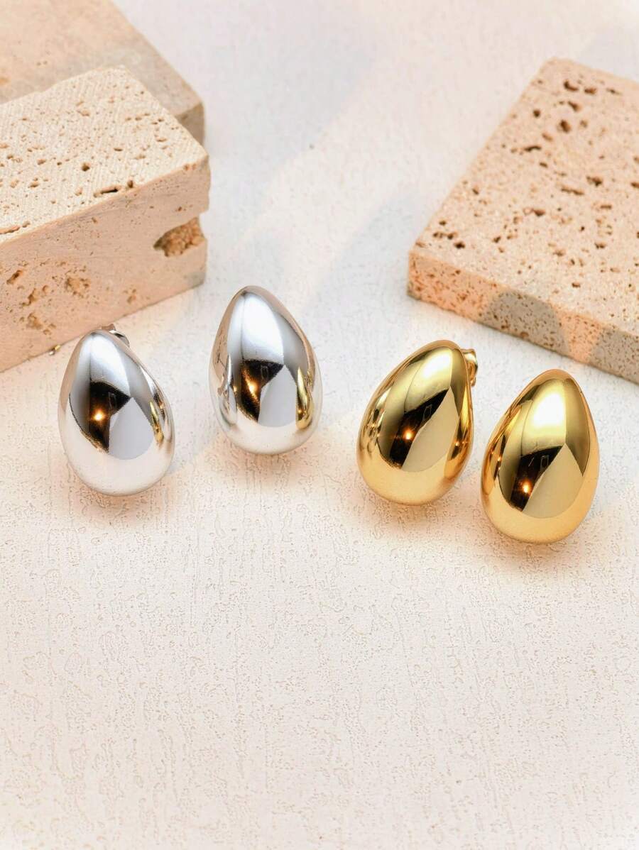 2pairs New Design Tear Drop Shaped Small Size Gold & Silver Color Earrings Set For Women, Suitable For Party, Gift