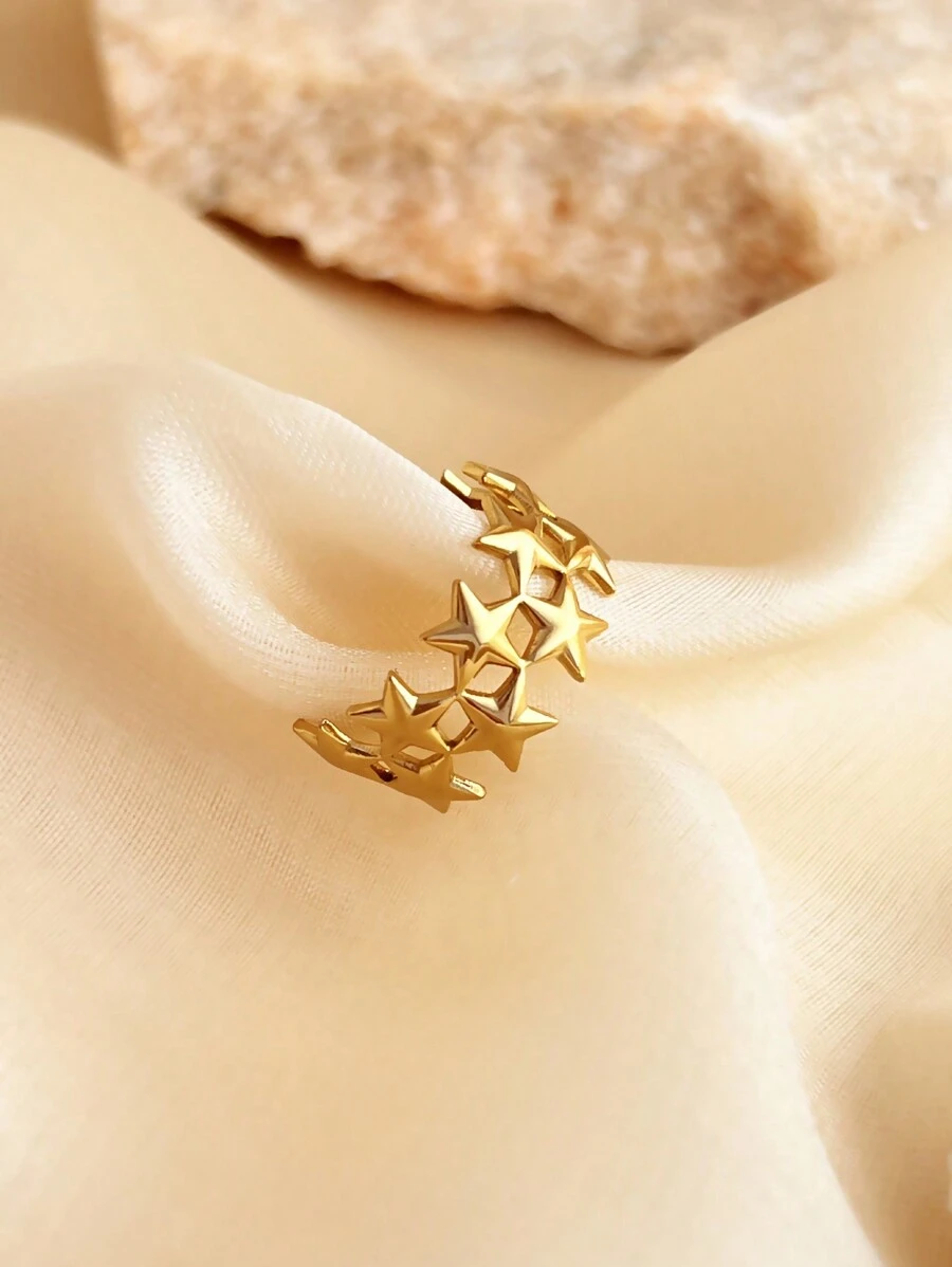 1pc Fashionable Women Ring, Stainless Steel Jewelry, 18K Gold Plated, Yellow Color, Ideal For Party, Creative Star Design, Adjustable Size, Suitable For Mother's Day, Teacher's Day, Valentine's Day, Elegant And Charming Jewelry Valentines