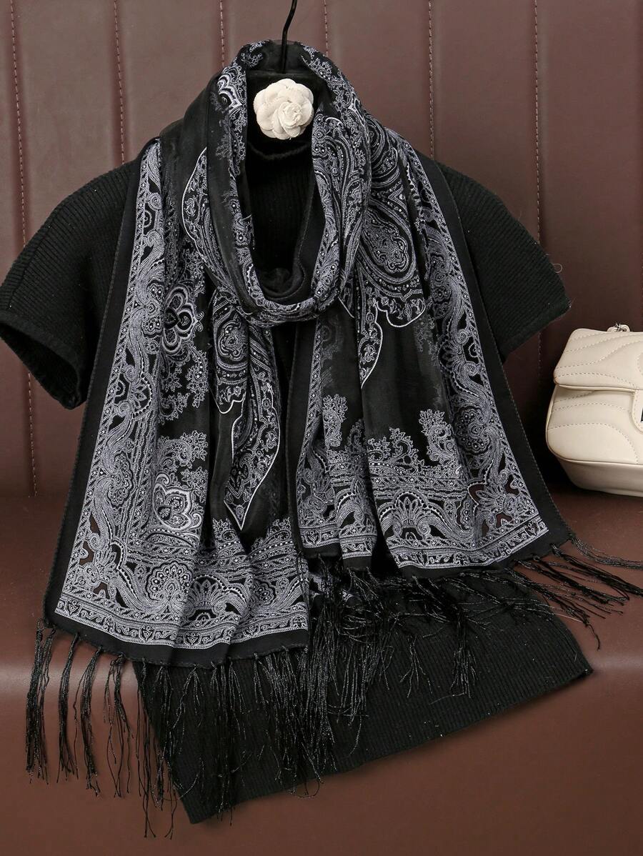 1 bucă la modă pentru femei Burnout model floral ciucuri șal din dantelă eșarfă moale confortabilă accesoriu de zi cu zi