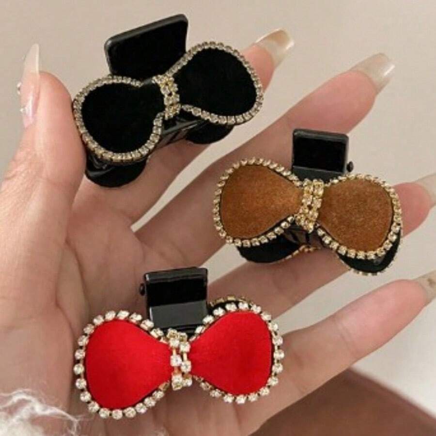 2pcs Women's Black Flocked Hairpins With Rhinestone Bow Detail Bow, Vintage Palace Style Hair Clip For Autumn And Winter, Suitable For Bangs And Princess Hairstyles Cute Flower Clip Valentine's Day Valentines