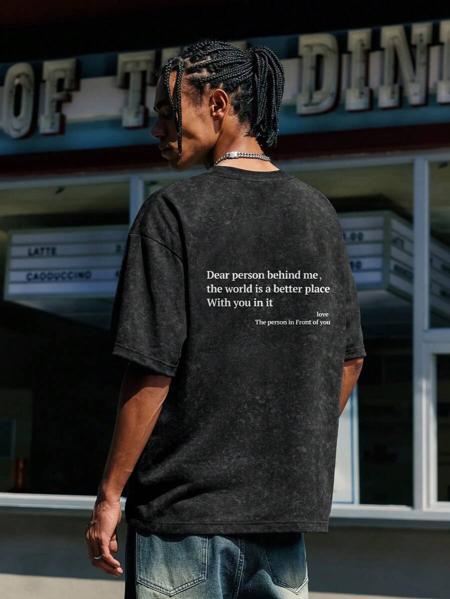 INFLATION T-Shirt à manches courtes pour hommes avec fausse impression de lettre lavée pour l'été