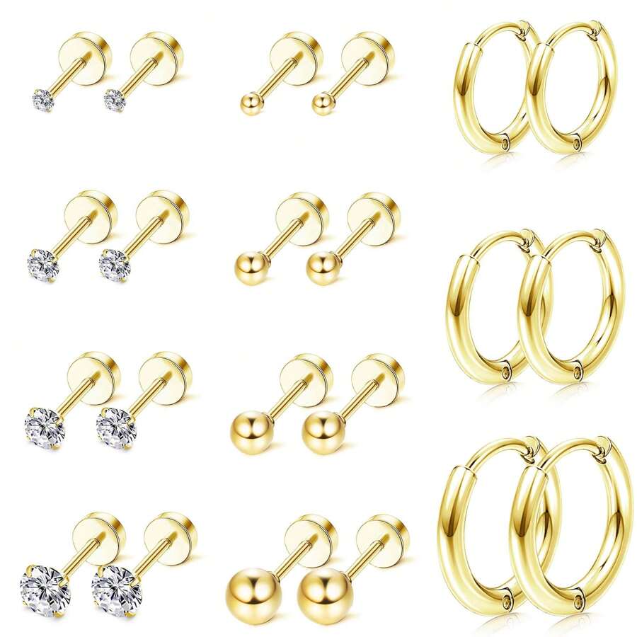 11 Pairs 14K Gold Plated Flat Back Earrings Small Stud Hoop Earring Sets For Multiple Piercing,Lightweight Dot Ball Cubic Zirconia Tiny Hypoallergenic Flatback Cartilage Earrings Set