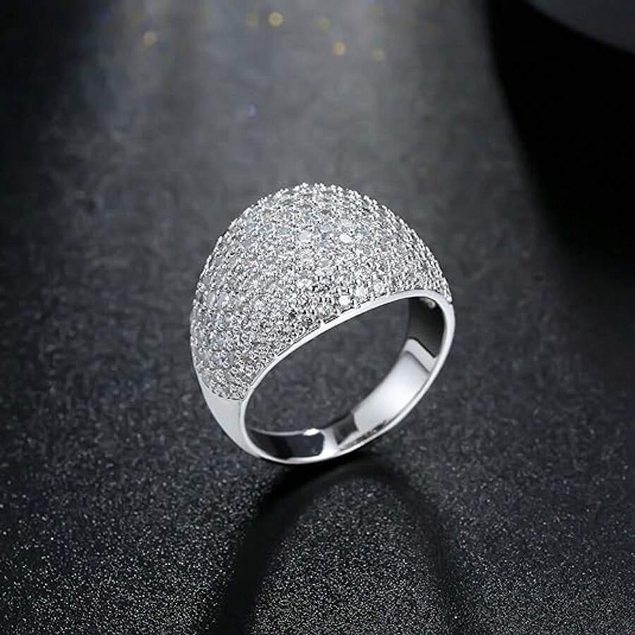 Anel de Domo de Diamante - Anel de Moda Feminino em Prata com Grande Vazado de Casamento Feminino, Cristal de Metal, Anel Quadrado com Pedra Cristalina Tamanho 6-10