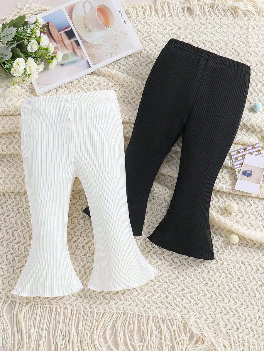Baby Girl 2 Pieces/Set Summer Casual Solid Color Knitted Flare Pants, Fashionable Spring Outfit Black & White, Simple And Elegant Style