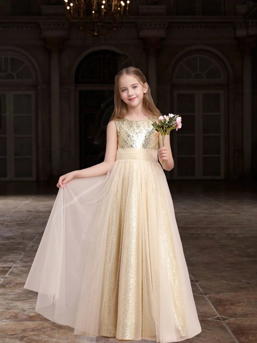 Vestido formal de malha com lantejoulas sem mangas para meninas, vestido de dama de honra para casamento, festa de aniversário, baile de formatura, formatura, verão
