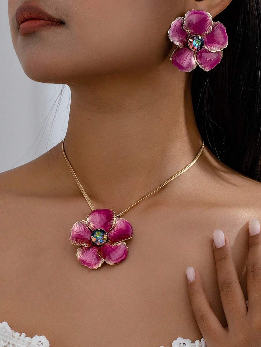 3 pièces Ensemble de collier et boucles d'oreilles avec pendentif fleur à 5 pétales émaillés, cadeau polyvalent pour femmes