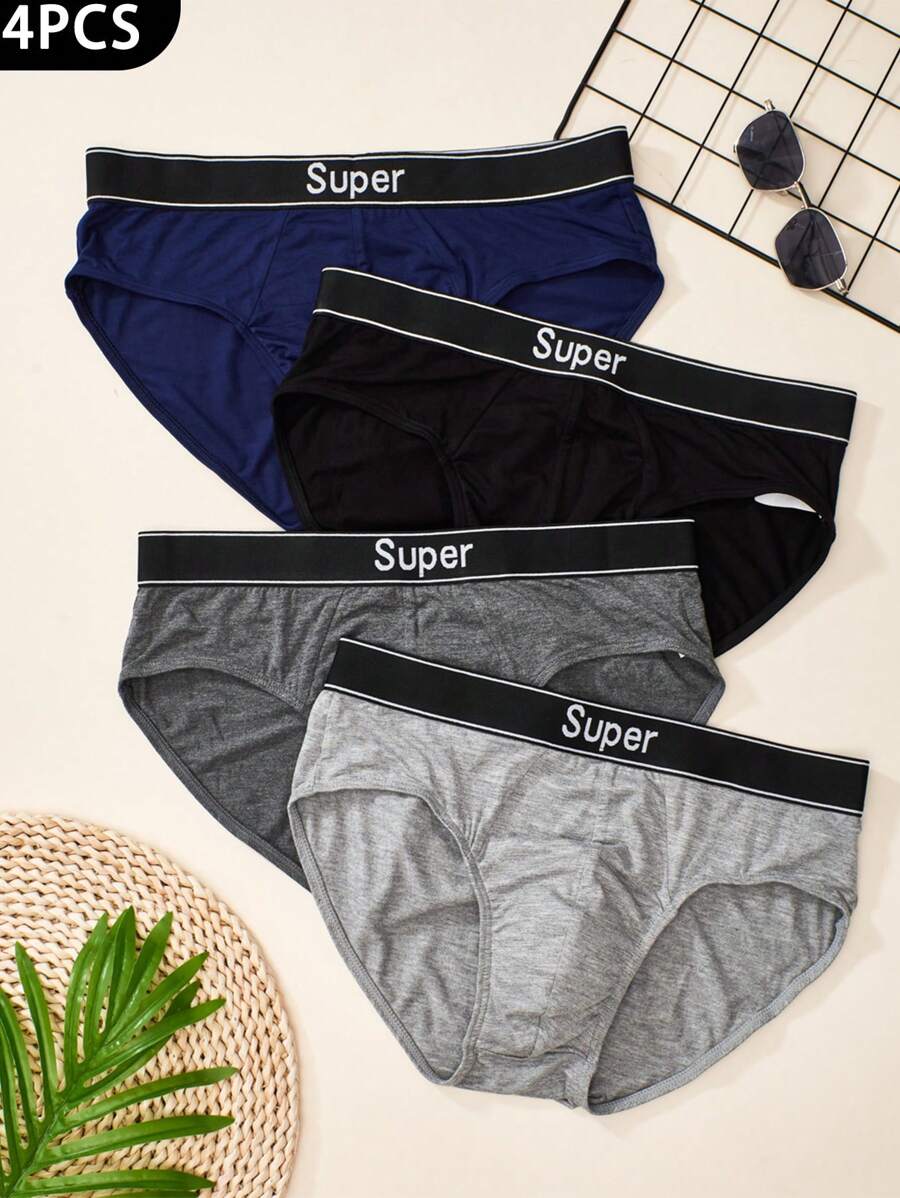 4 pezzi Slip uomo con vita a triangolo, boxer con logo, realizzati in materiale morbido e stretch, adatti per l'uso quotidiano e il sonno