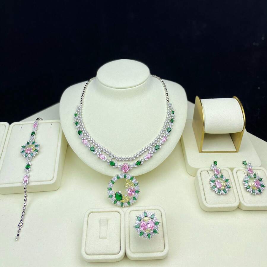 Juego de joyería para mujer con colgante, pendientes, anillo, brazalete, diseño floral con circonita cúbica y gemas de colores, juego de joyería de novia/boda, juego de joyería para vestido de noche