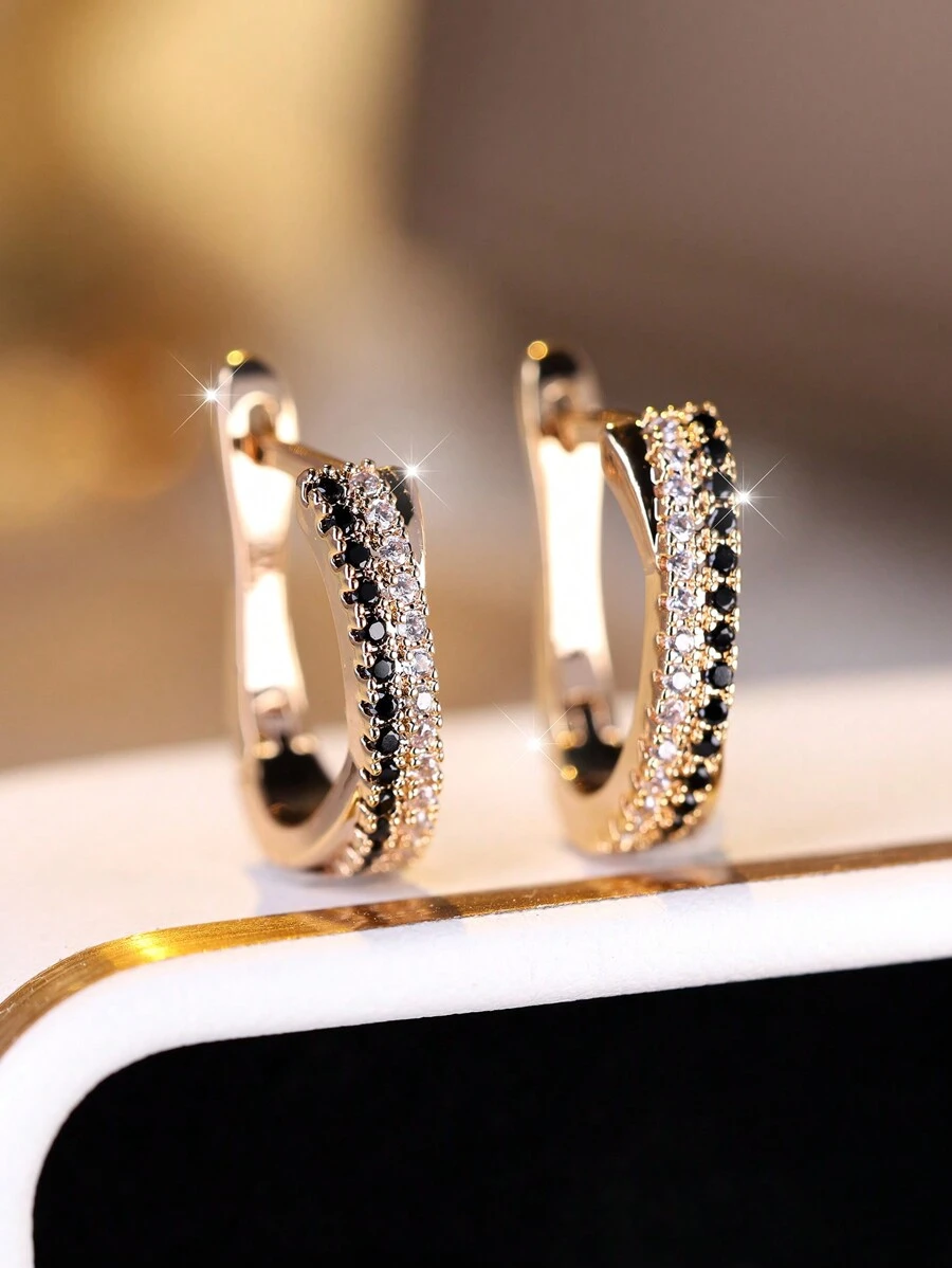 1 paire de Boucles d'oreilles élégantes minimalistes plaquées or avec pierres CZ noires et blanches, pour fiançailles, mariage et port quotidien