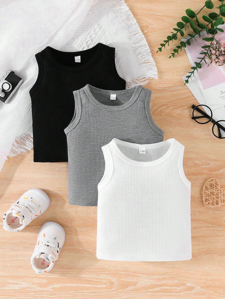Baby Boy 3pcs/Set Summer Casual Sleeveless Round Neck Tank Top, Inner Or Outer Wear