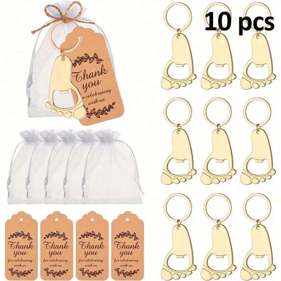 10pcs Baby Shower Favor Footprint Metal Keychain Bottle Openers With Organza Bags And Thank You Tags Baby Shower Family Decorations Gifts