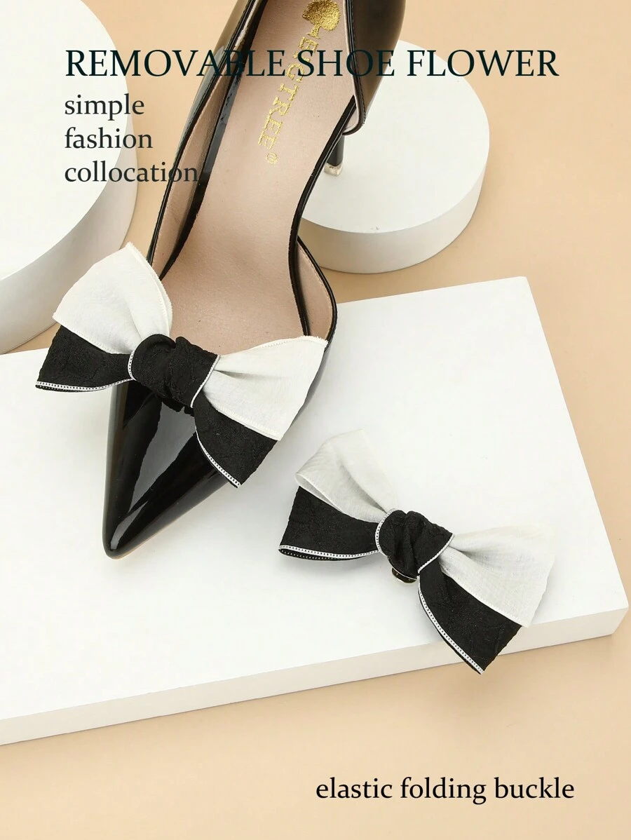 2pcs Korean Princess Cute Flower Black And White Two-Tone Cloth Design Bow Shoe Clips High-Grade And Elegant New Shoe Buckle