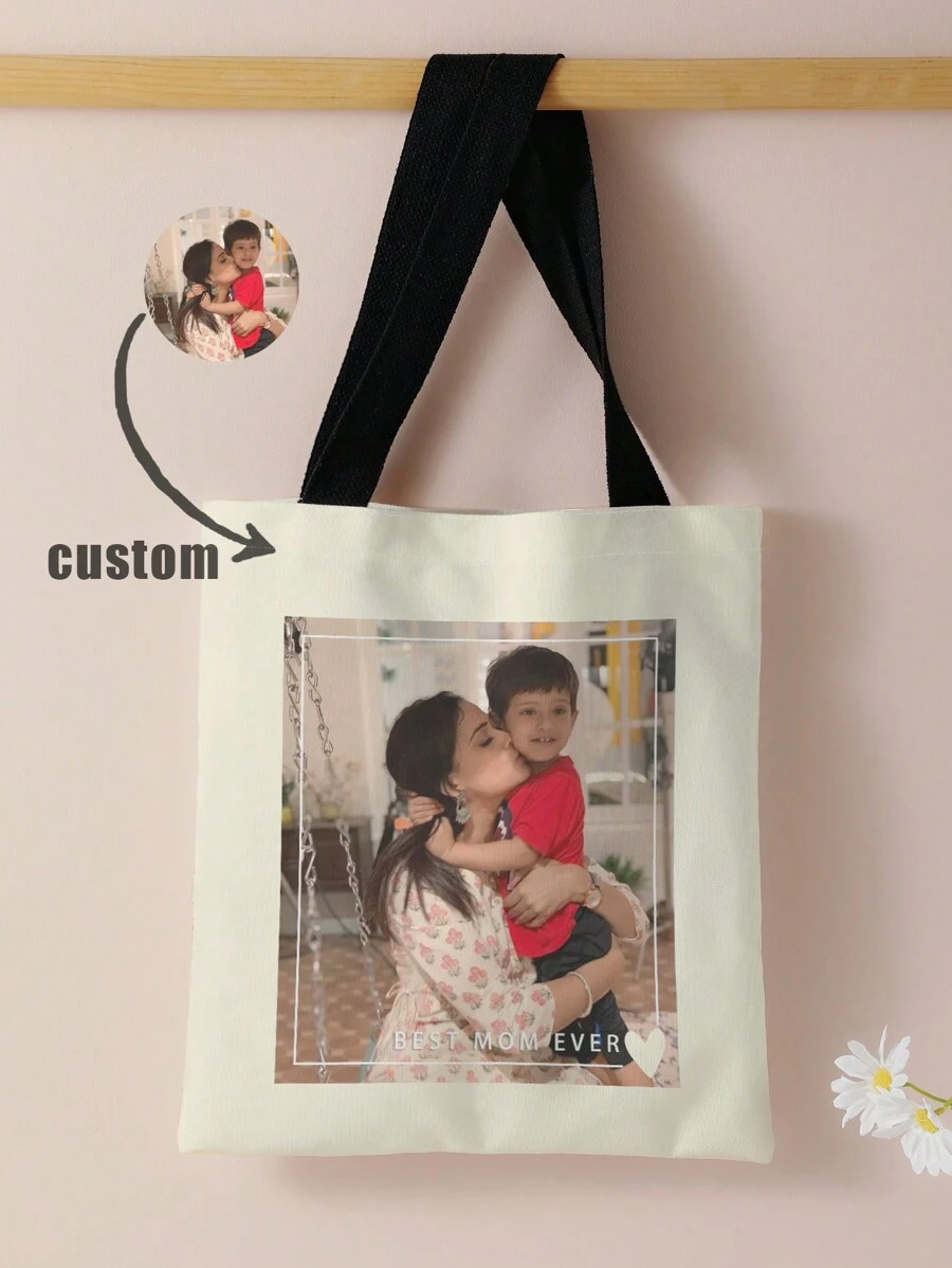 1pc Customized Canvas Bag, Unique Design (Photo, Landscape, Illustration), Foldable, Large Capacity, Lightweight, Stylish, Personalized Tote Bag, Shoulder Bag, Casual Shopping Bag Shop Back To School