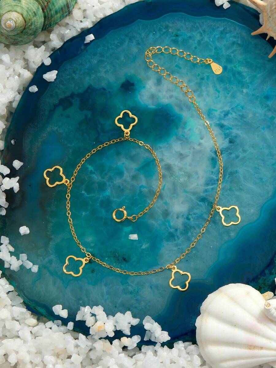 1 pièce Cheville minimaliste en argent 925 à quatre feuilles trèfle plaqué or 18 carats, chaîne pour plage d'été pour femmes, bijoux de port quotidien et cadeaux