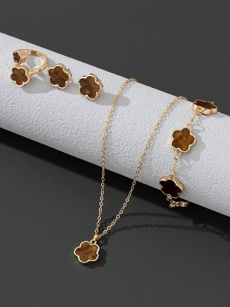 1 pieza Brazalete de trébol con suerte dulce, 1 pieza Anillo, 1 pieza de Aretes, 1 pieza Conjunto de Collar de San Valentín