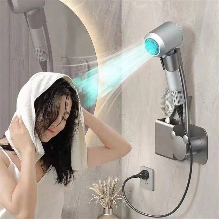 1 pièce Étagère de salle de bain murale sans perçage, étagère de rangement multifonctionnelle. Support pour sèche-cheveux et porte-papier toilette