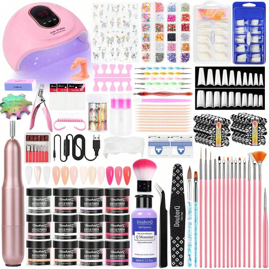 Kit de uñas de acrílico en polvo con lámpara UV/LED, pulidor de uñas, herramienta de lámpara de horneado, decoración de arte de uñas, pegatinas de uñas, papel galaxia, cortauñas y conjunto de molde francés.