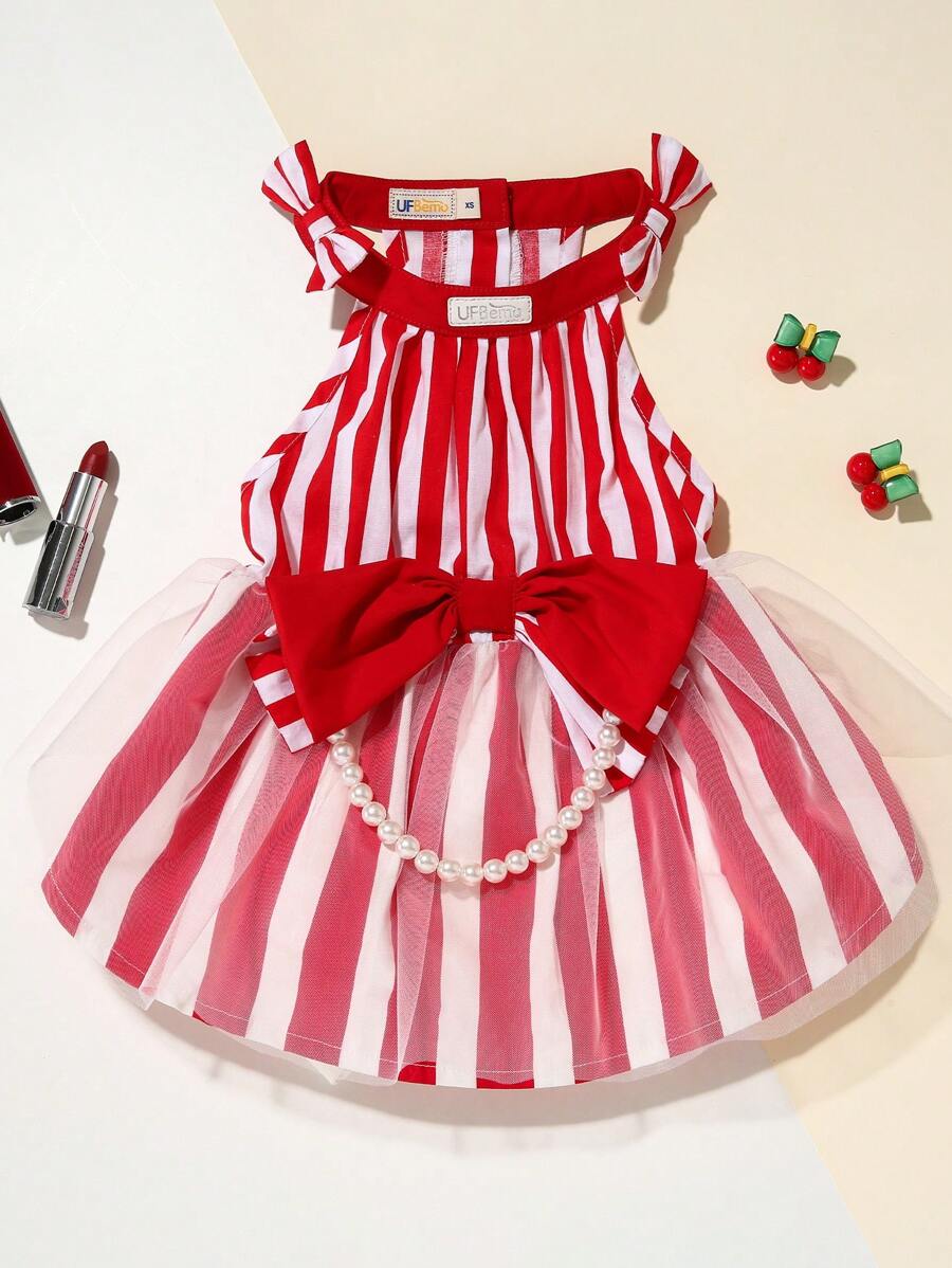UFBemo UFBemo Striped Dress With White Pearl Necklace Accessory, Princess Style Dog Clothes Suitable For Cats And Small Dogs To Attend Parties