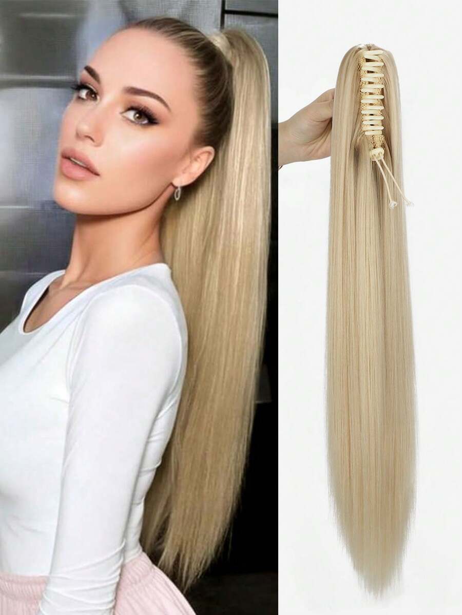 Extensions de queue de cheval 26 pouces 150g/paquet Perruque longue droite synthétique Pièces à clip en queue de cheval pour femmes Extensions de cheveux en fibre résistante à haute température (Blond)