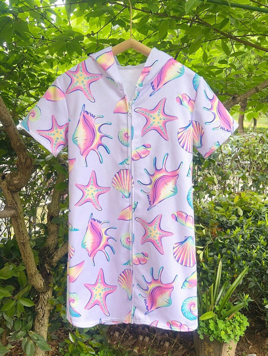 1 Peça Vestido Cobertura de Banho Capuz para Meninas em Estampa de Conchas Marítimas, Roupão de Banho Suíte de Piscina Toalha com Zíper em Tecido Atoalhado Para Praia, Casamento, Casa, Banheiro, Volta às Aulas