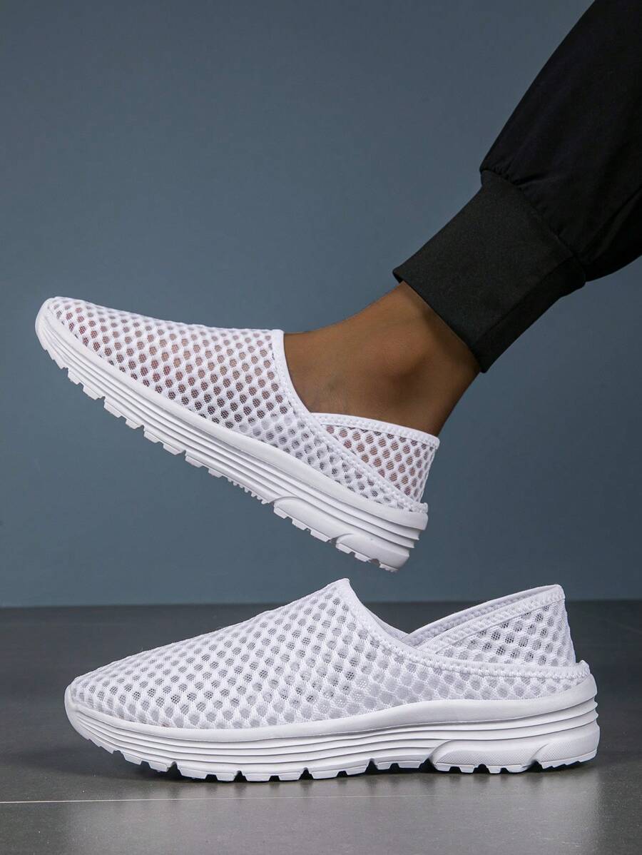 Summer Casual Mesh Slip-On Athletic Shoes, Breathable Lightweight Running Shoes With Hollow-Out Design