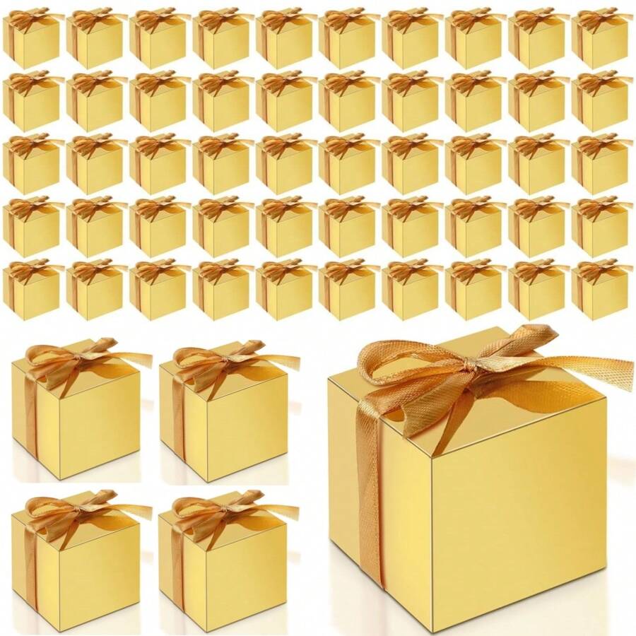 3/20/50 pièces Boîtes de faveur de mariage de 2 x 2 x 2 pouces , boîtes à bonbons gold de Noël avec rubans, boîtes de cadeau carrées vides en papier avec couvercles pour faveurs de fête, fête de naissance, création de mariée, pour traiter les invités