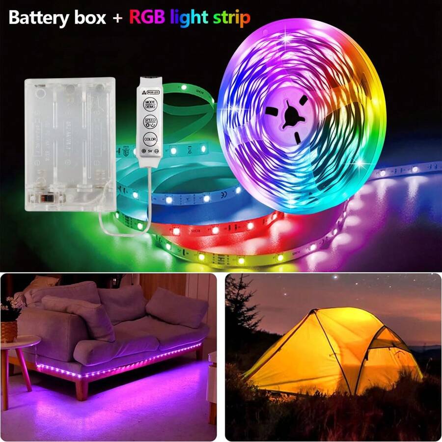 1 Rotolo striscia luminosa a LED con scatola batteria (senza batterie), lunghezza da 3,28FT a 49,21FT, luce a LED flessibile a batteria 5V 3535 che cambia colore RGB con controller a 3 tasti per retro TV, feste, camera da letto, campeggio, decorazione fai-da-te di Natale