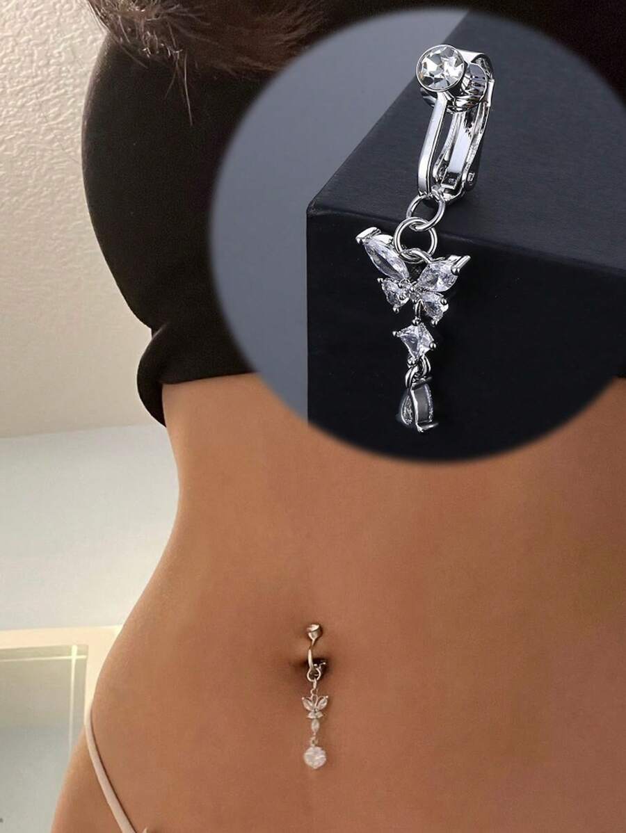 1 peça Piercing de Umbigo Falso de Borboleta Sem Furo na Moda, Piercing de Umbigo de Cobre com Pingente de Zircônia Cúbica