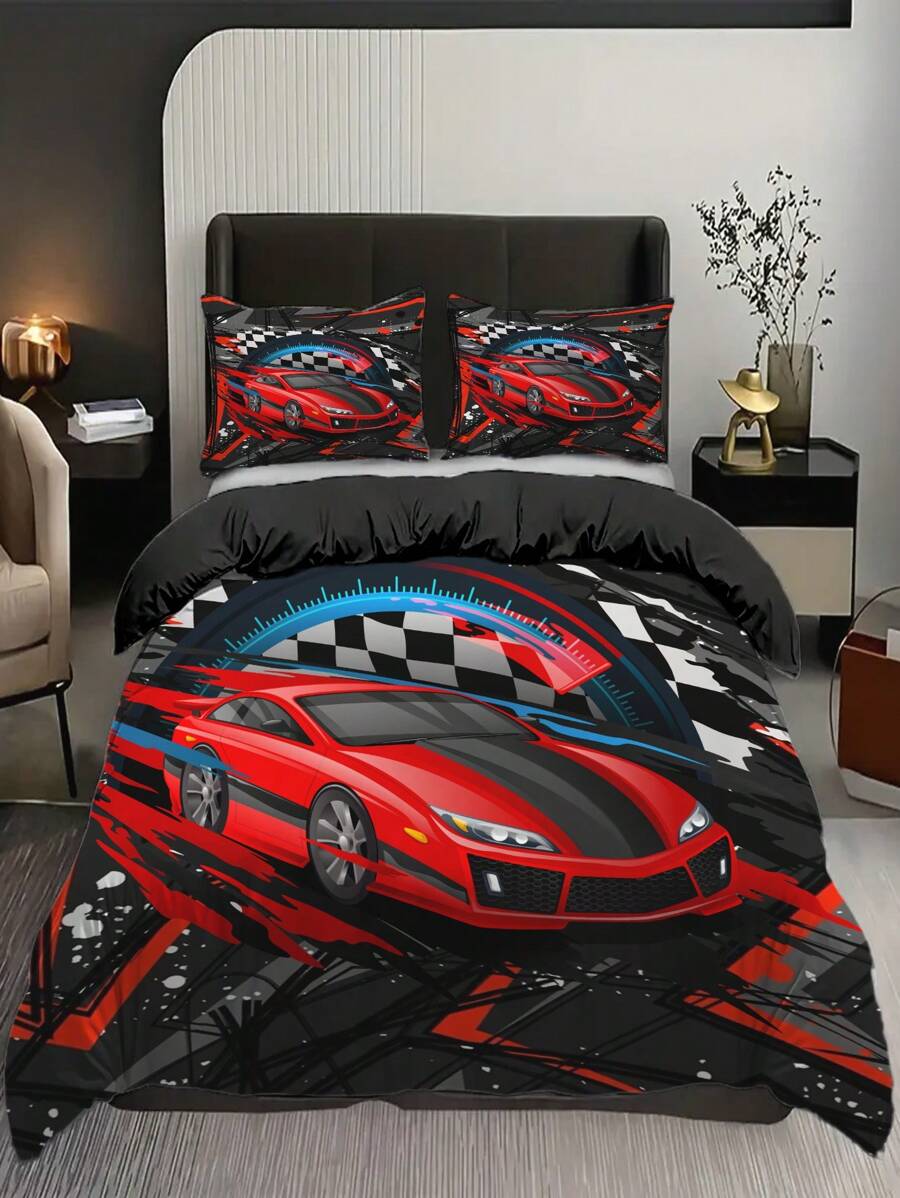 3pcs Duvet Cover Set, Racing Car Printed Bedding Set For Bedroom And Guest Room (1 Duvet Cover + 2 Pillowcase, Without Core)