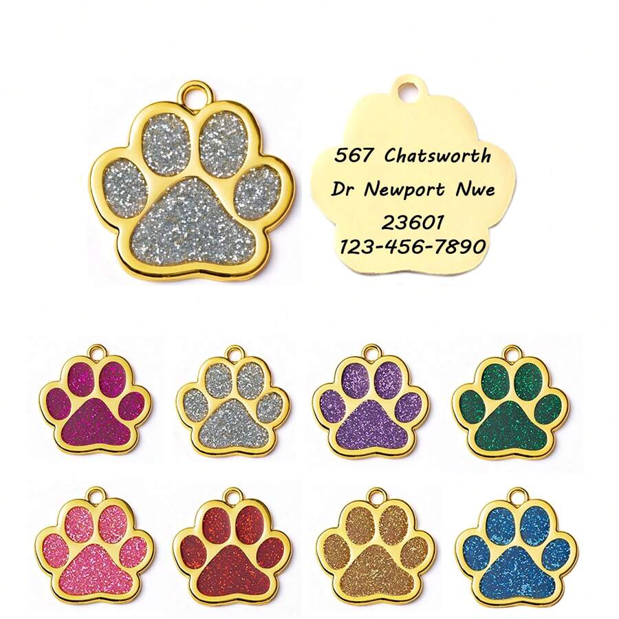 1 Pieza Etiqueta de identificación personalizada con forma de huella de perro en color plata o dorado, con el nombre de la mascota, información de contacto, dirección y talla grande, grabado para evitar pérdidas, adecuado para perros pequeños y gatos