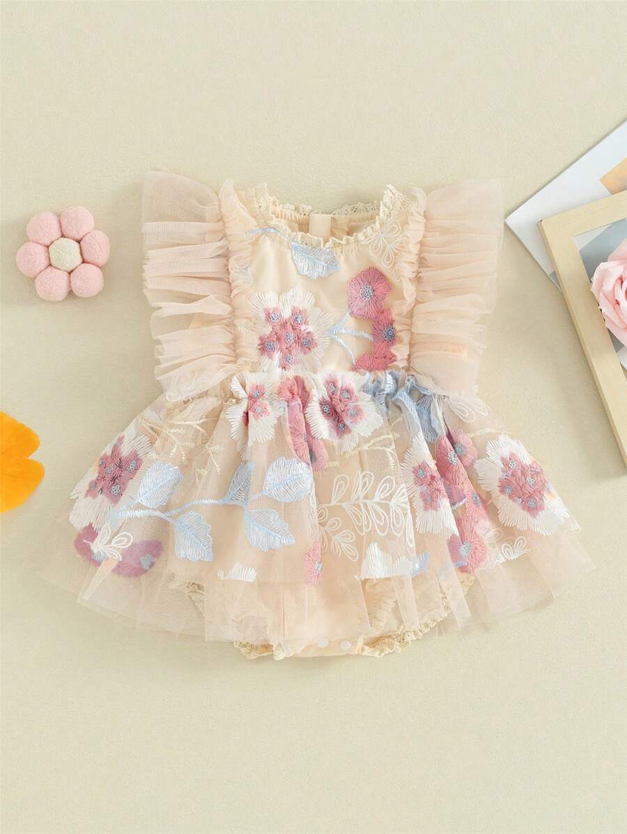 Baby Girl Romper Dress Cap Sleeve Embroidery Flower Bodysuit Summer Clothes