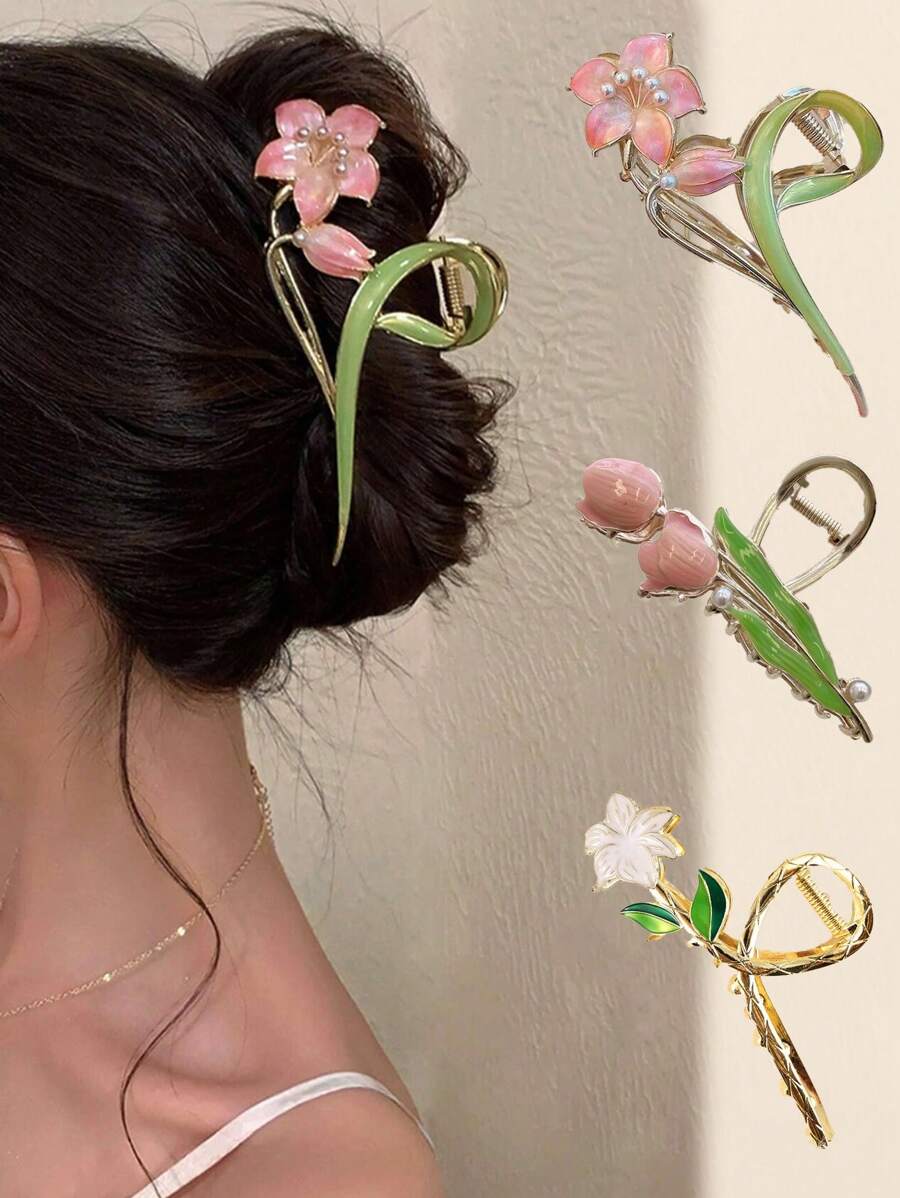 3pcs/Set Multicolor Metal Hair Clips With Country Style Floral Design, Including Tulip Flower, Sweet And Elegant Hair Accessories For Women,Hair Claw,Claw Clips,Hair Jaw Clip,Hair Clutch